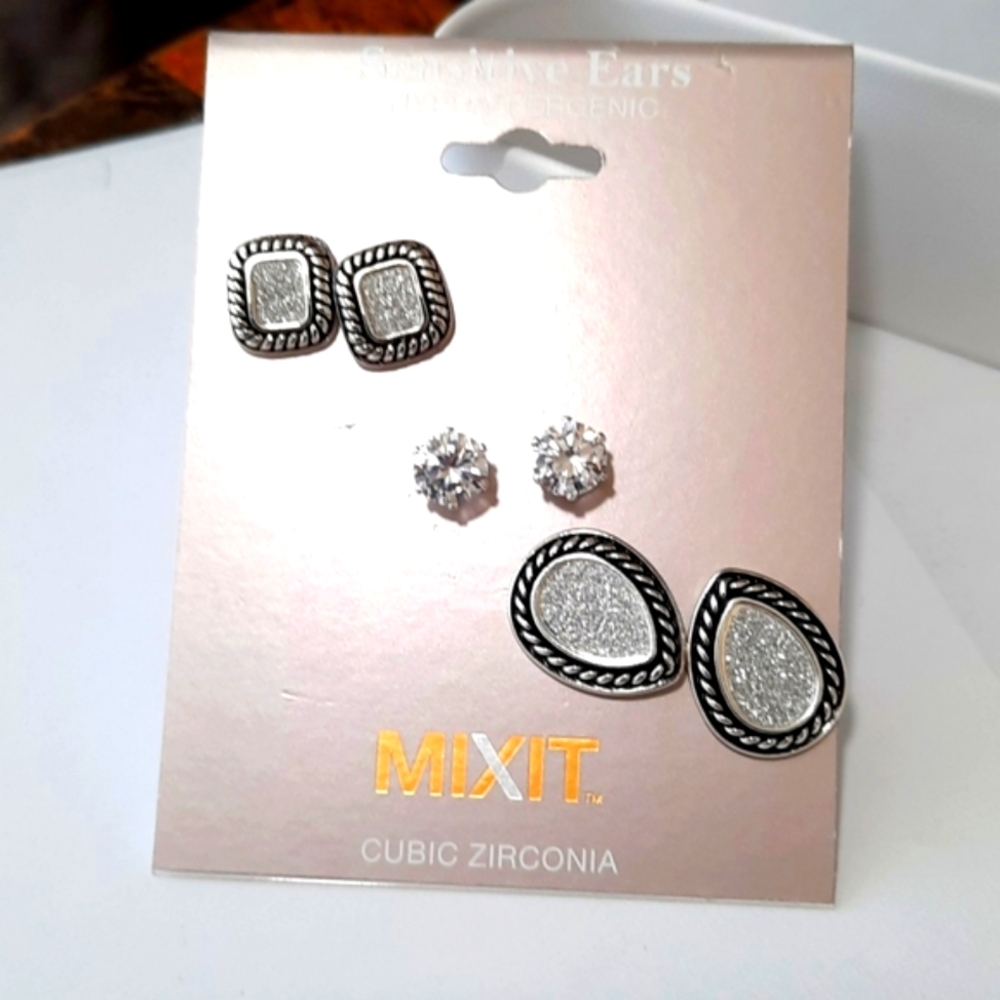 MIXIT Cubic Zirconia Hypoallergenic set of 3 Stud Earrings